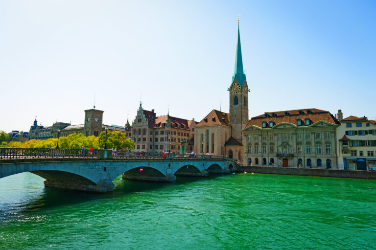 Beautiful old city Limmat River in Zurich, Switzerland